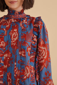 Blouse Garden à manches longues volantées en coton - Bleu