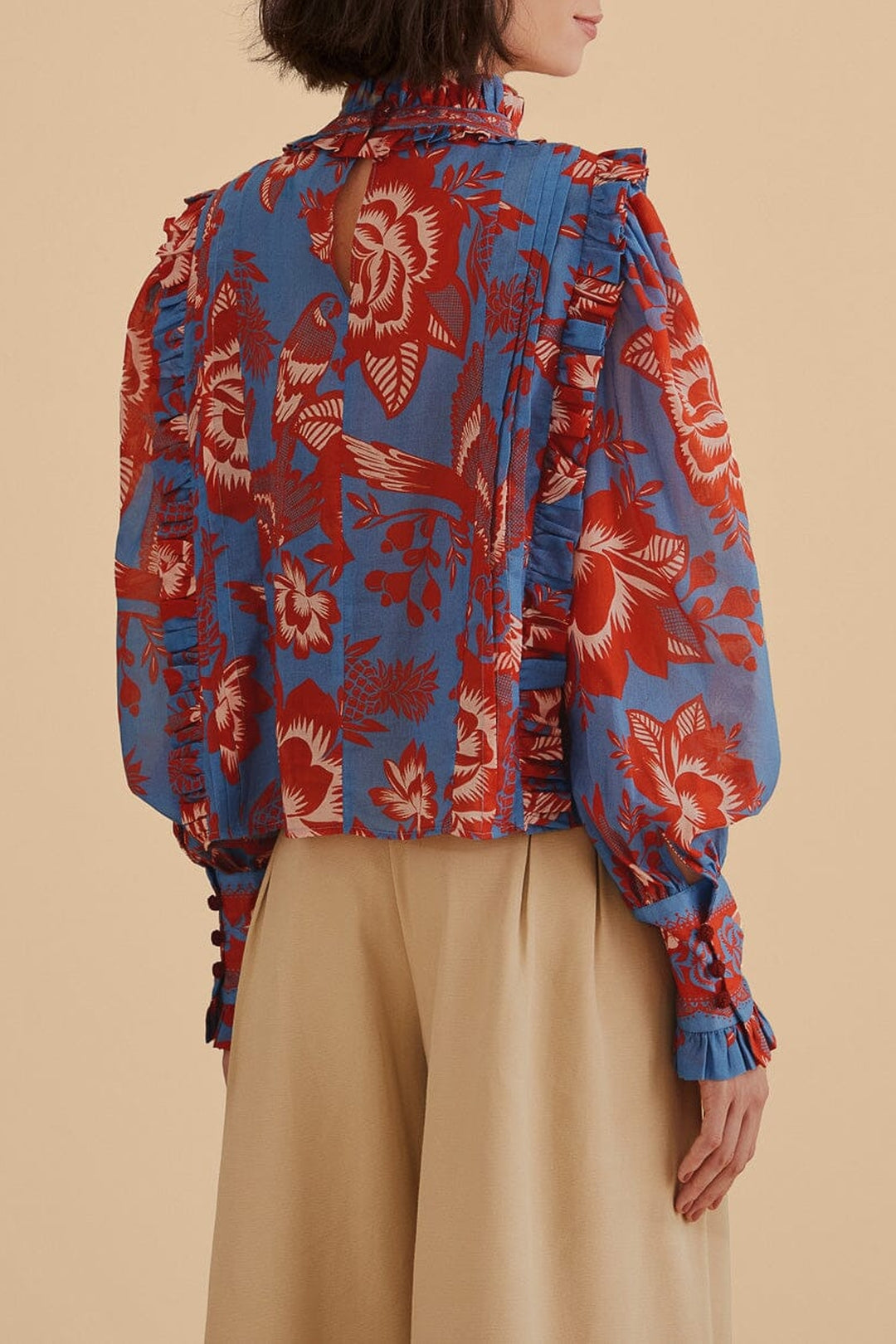Blouse Garden à manches longues volantées en coton - Bleu
