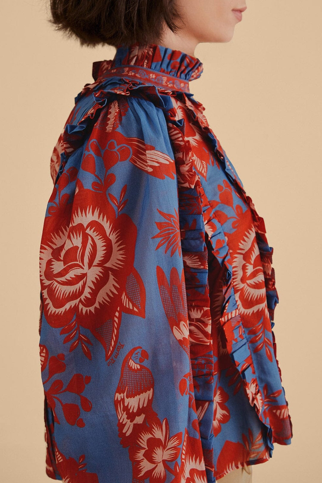 Blouse Garden à manches longues volantées en coton - Bleu
