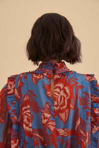 Blouse Garden à manches longues volantées en coton - Bleu