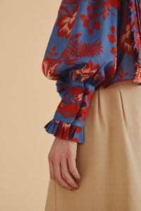 Blouse Garden à manches longues volantées en coton - Bleu
