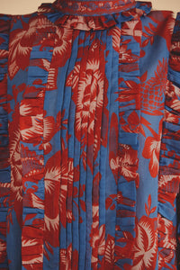 Blouse Garden à manches longues volantées en coton - Bleu