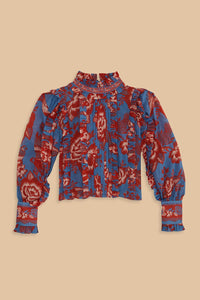 Blouse Garden à manches longues volantées en coton - Bleu