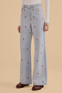Pantalon en denim brodé - Bleu