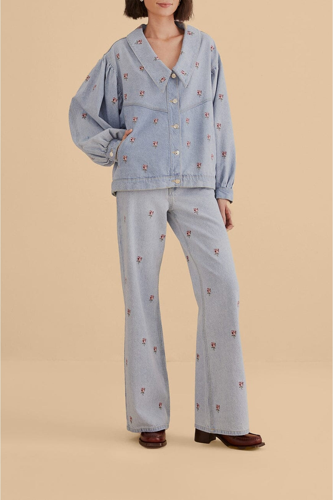 Pantalon en denim brodé - Bleu