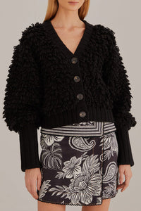 Cardigan à col V texturé en laine mélangée - Noir