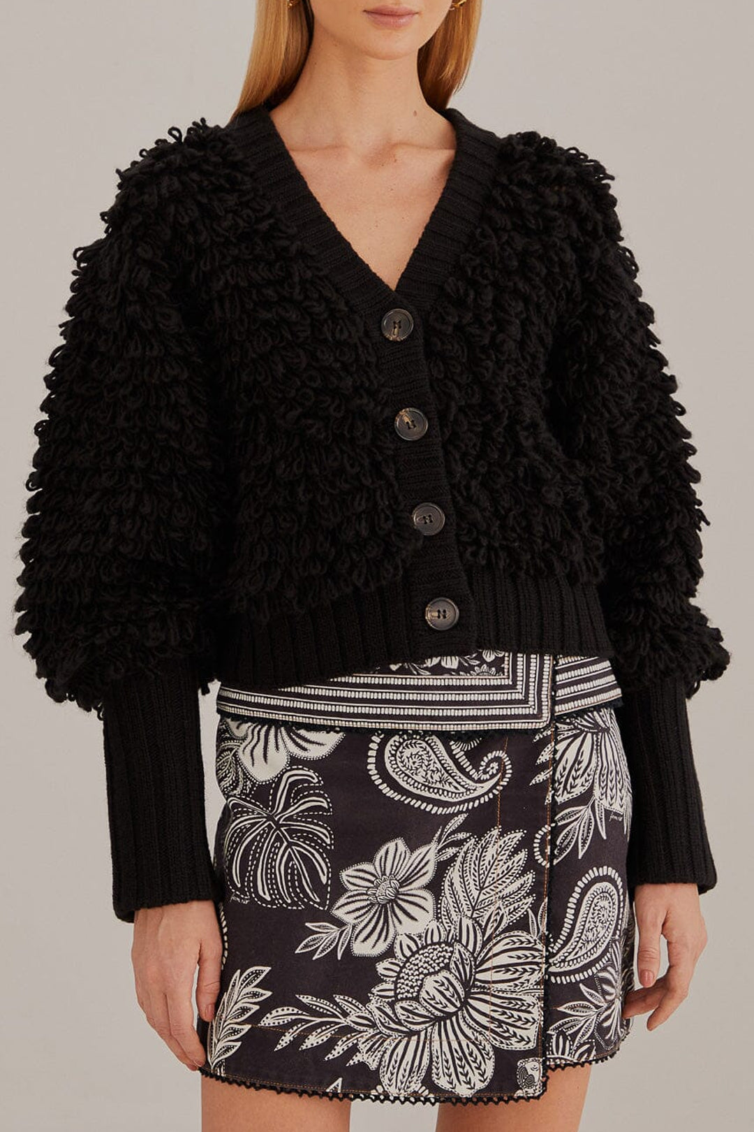 Cardigan à col V texturé en laine mélangée - Noir