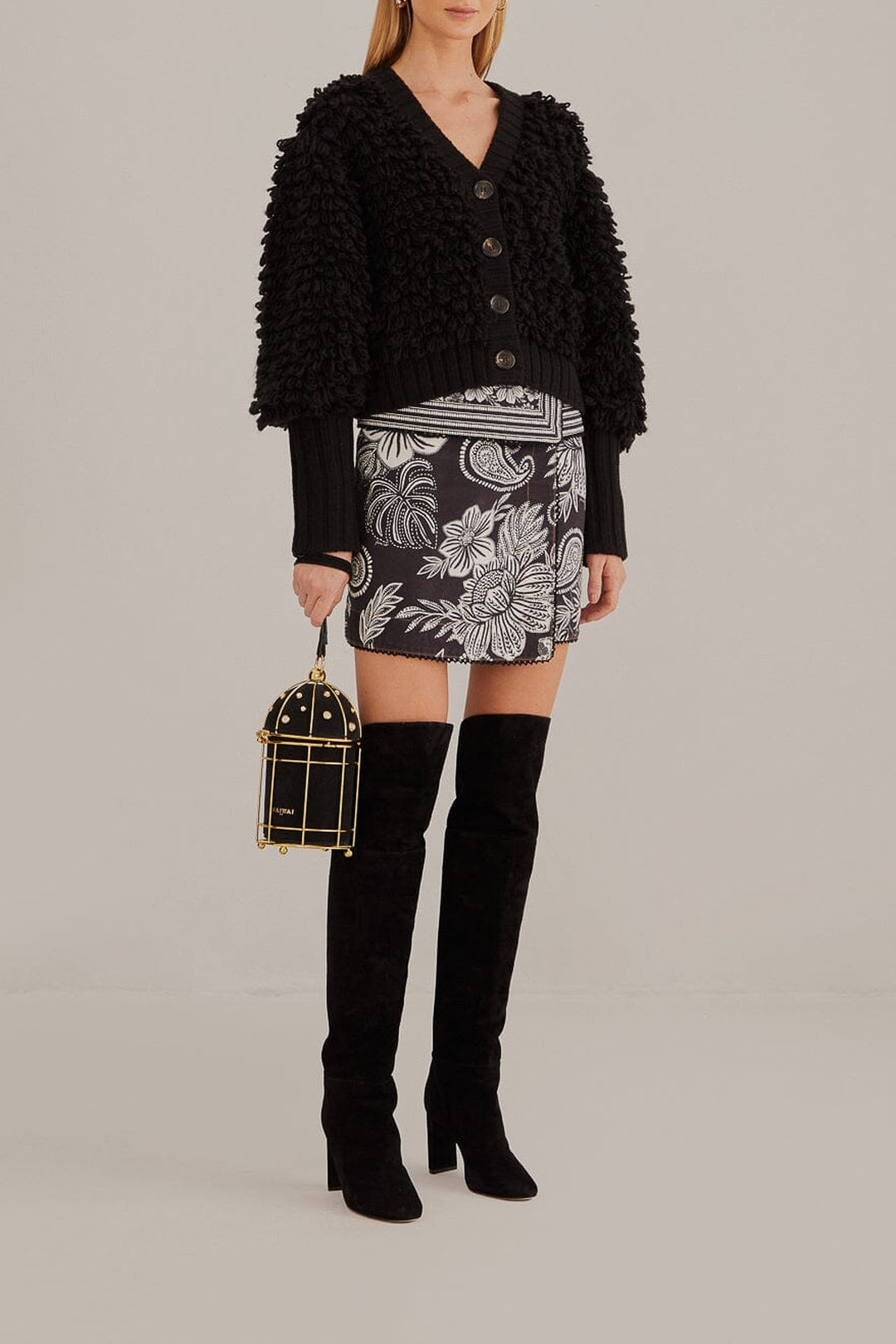 Cardigan à col V texturé en laine mélangée - Noir