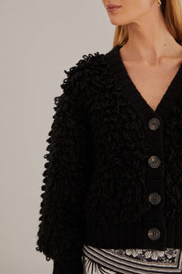 Cardigan à col V texturé en laine mélangée - Noir