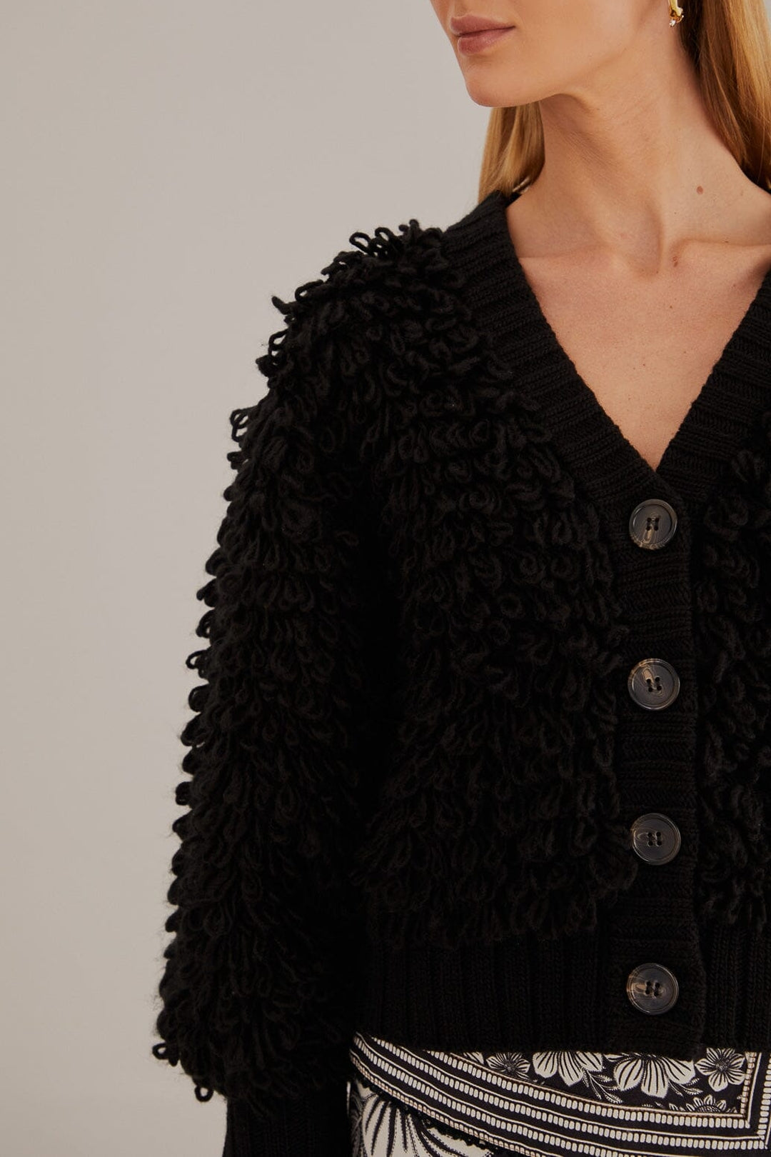 Cardigan à col V texturé en laine mélangée - Noir