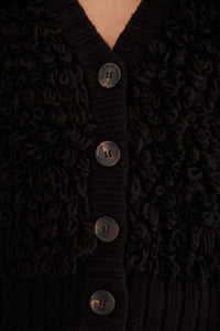 Cardigan à col V texturé en laine mélangée - Noir