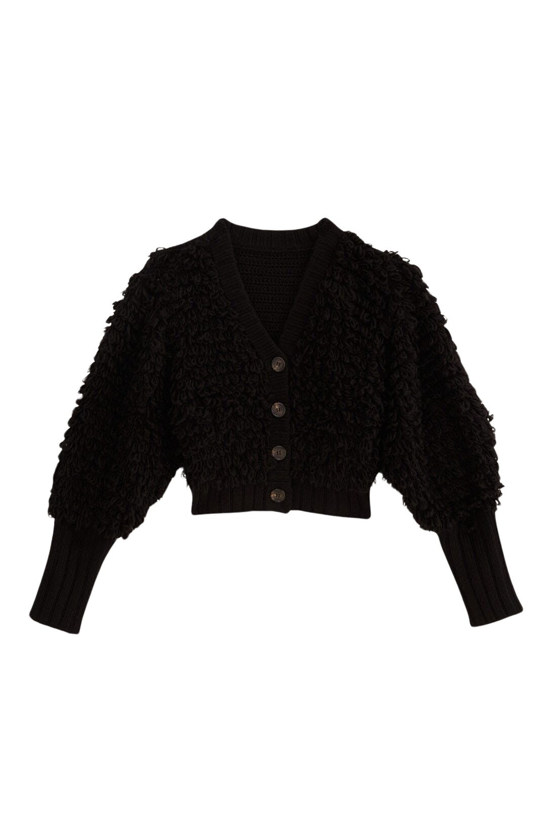 Cardigan à col V texturé en laine mélangée - Noir