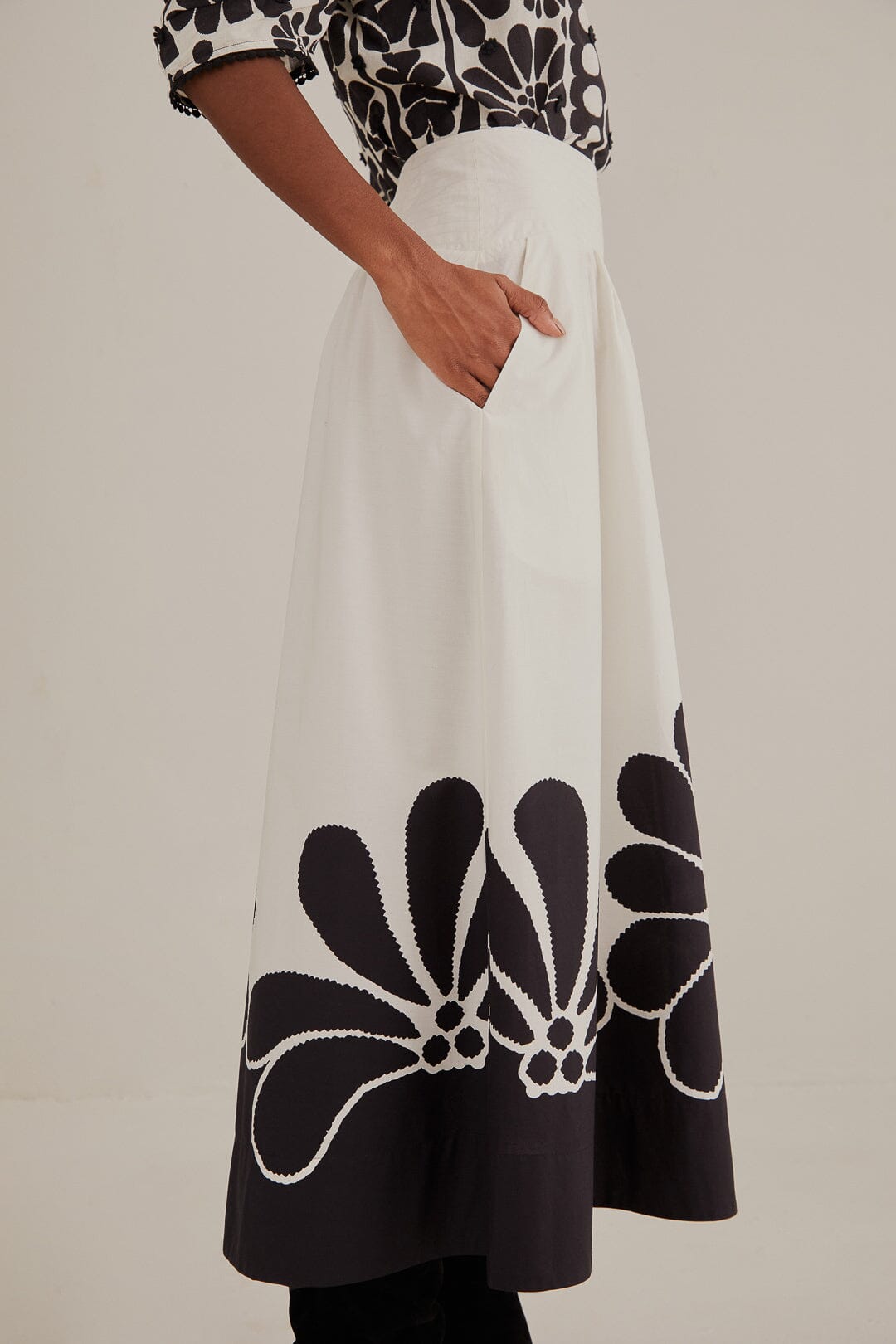 Jupe longue à motif cachemire en coton - Noir
