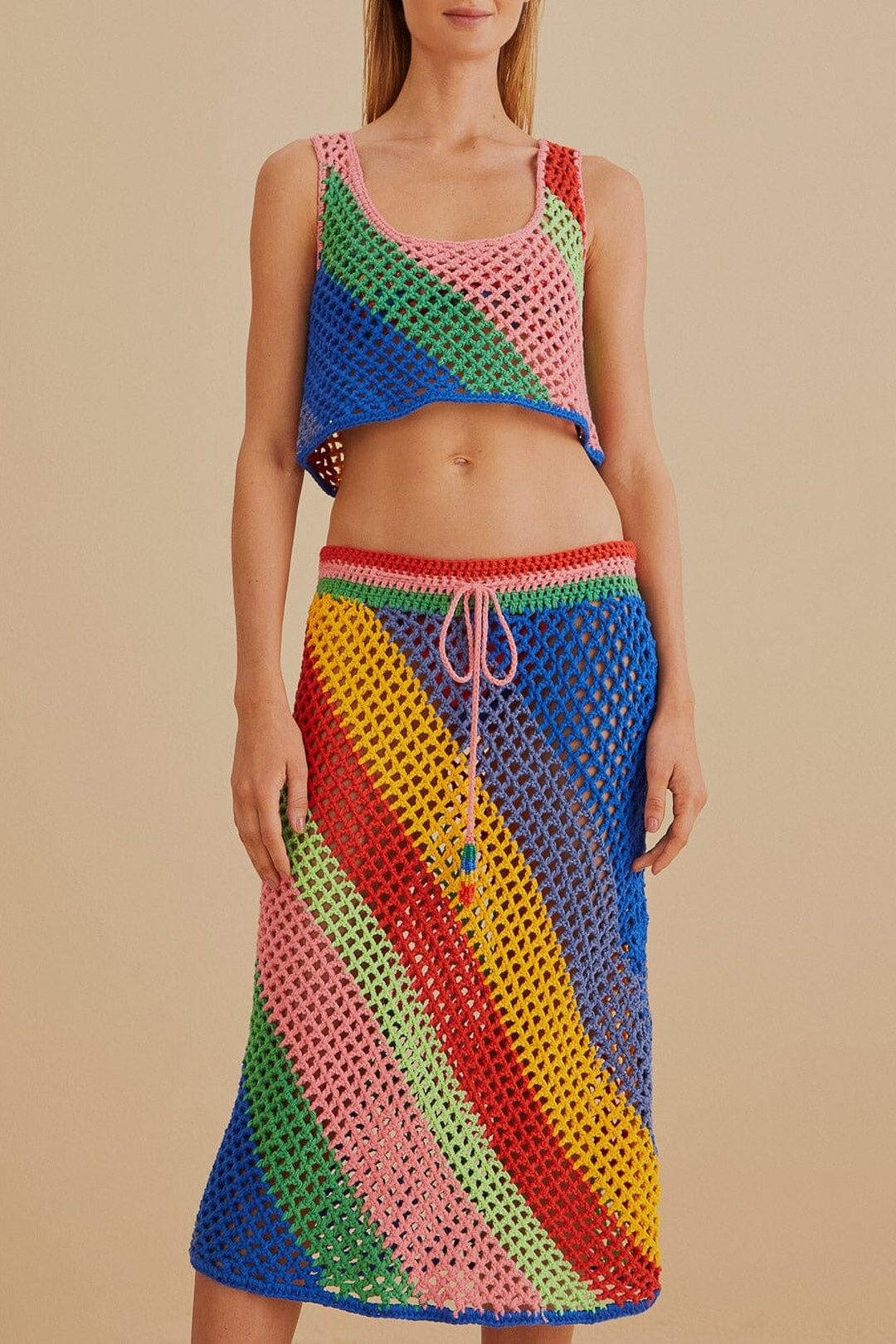 Jupe midi à rayures diagonales en coton - Multicolore