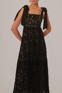 Robe longue sans manches en dentelle et velours - Noir