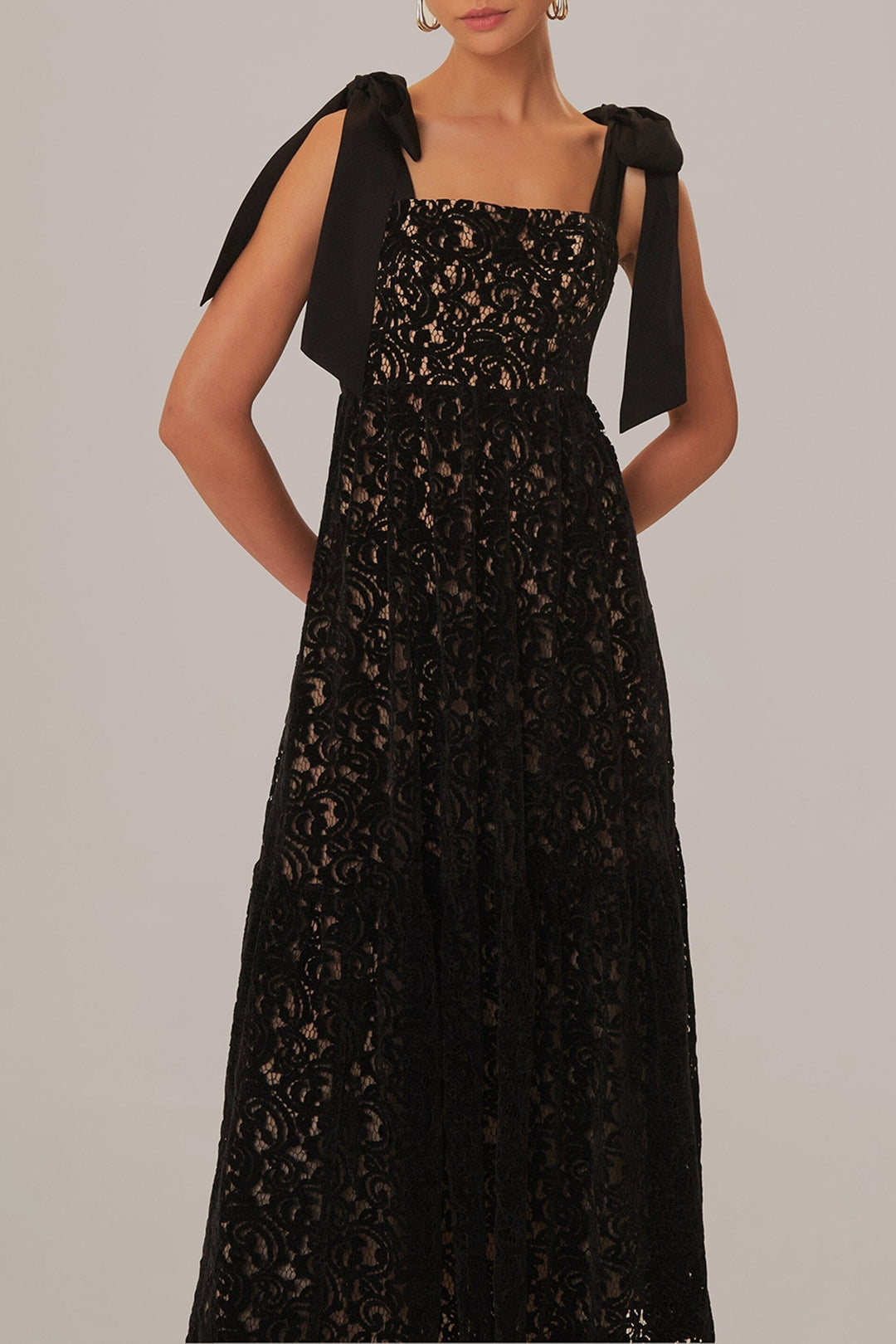 Robe longue sans manches en dentelle et velours - Noir