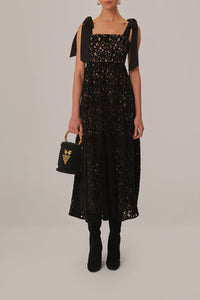Robe longue sans manches en dentelle et velours - Noir