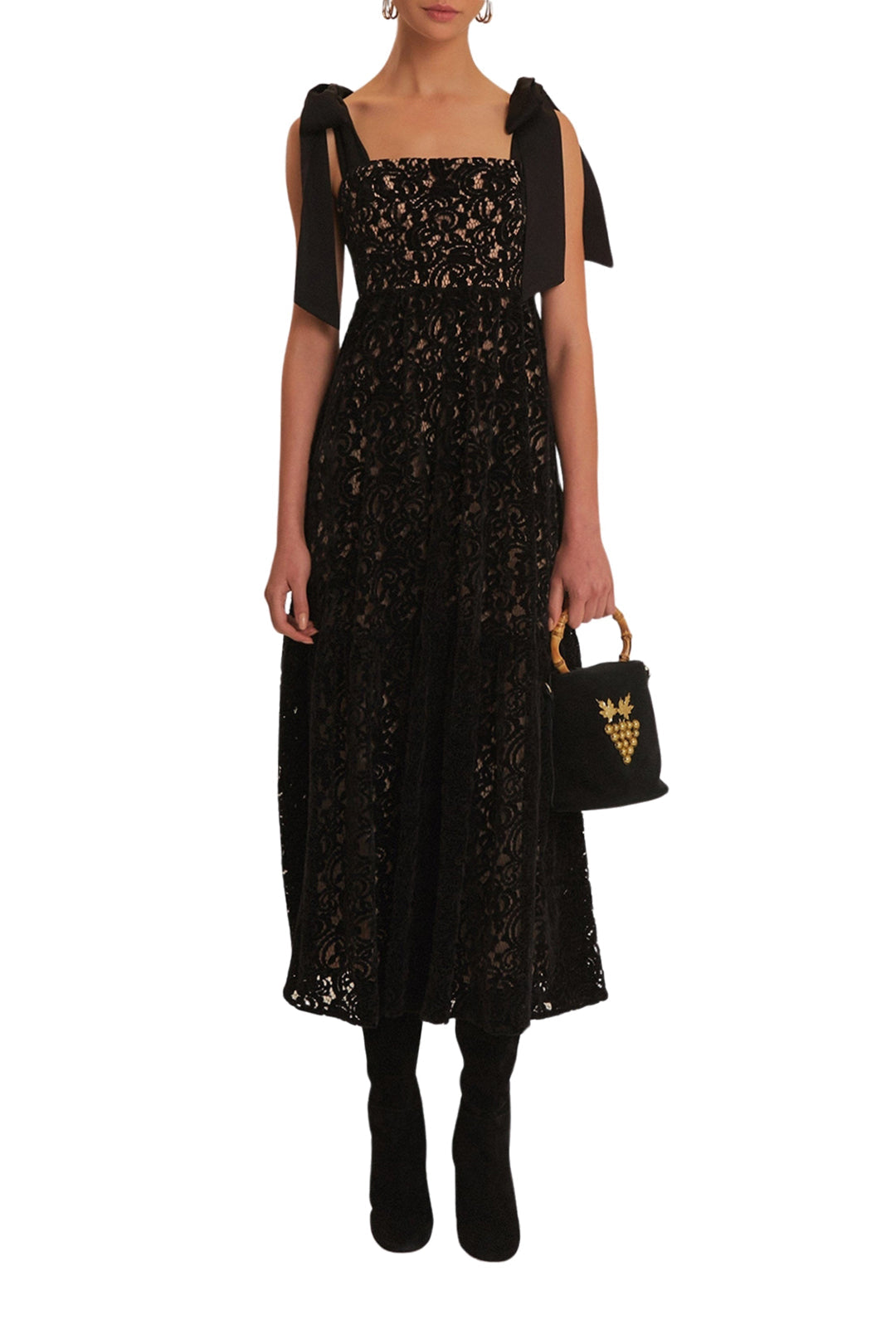 Robe longue sans manches en dentelle et velours - Noir