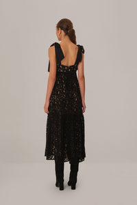 Robe longue sans manches en dentelle et velours - Noir
