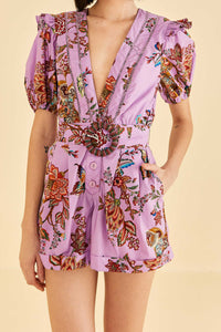 Combi-short Floral Monkey à manches courtes en coton - Violet