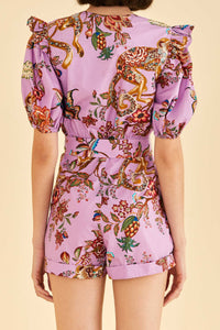 Combi-short Floral Monkey à manches courtes en coton - Violet