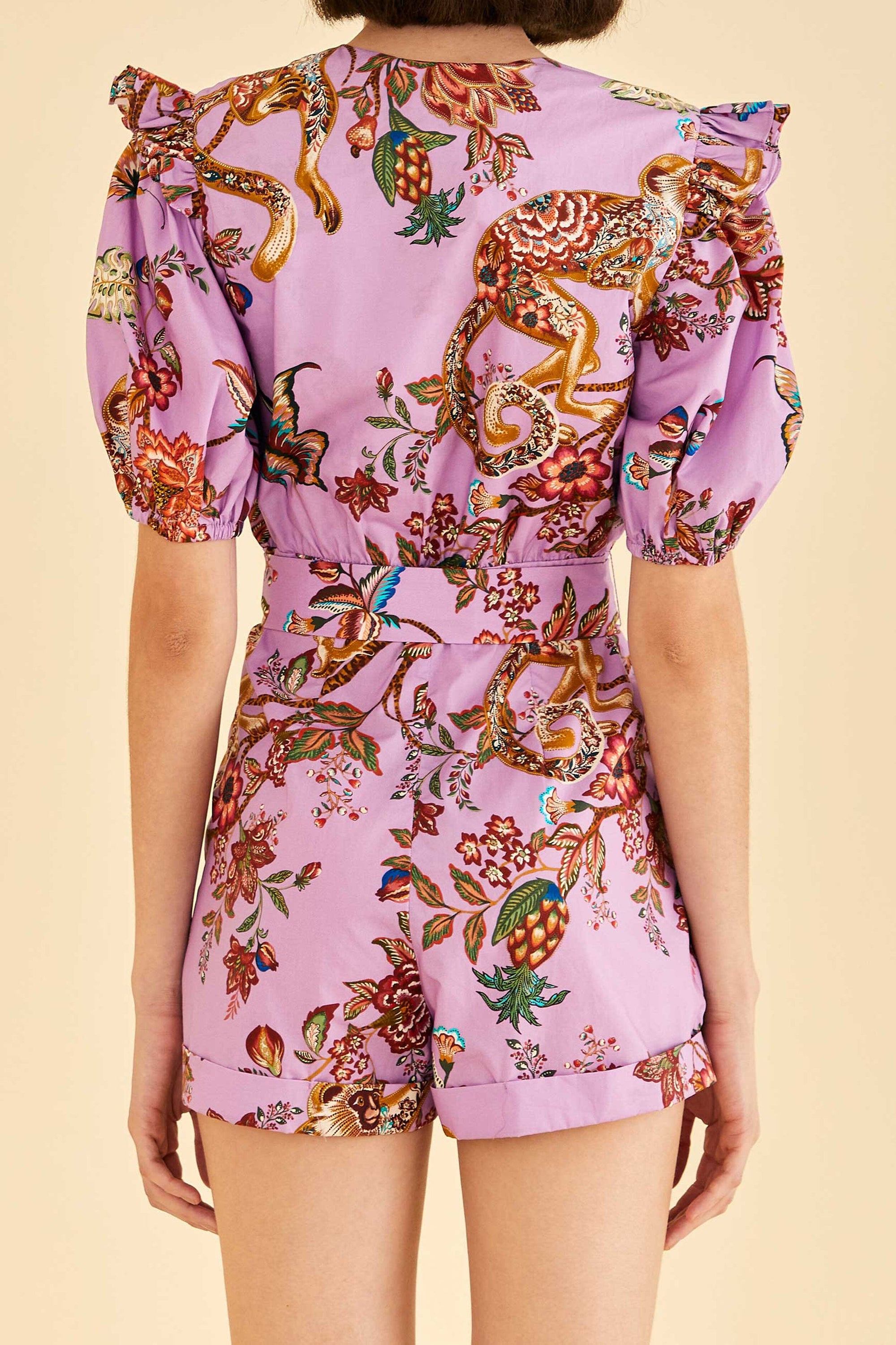 Combi-short Floral Monkey à manches courtes en coton - Violet