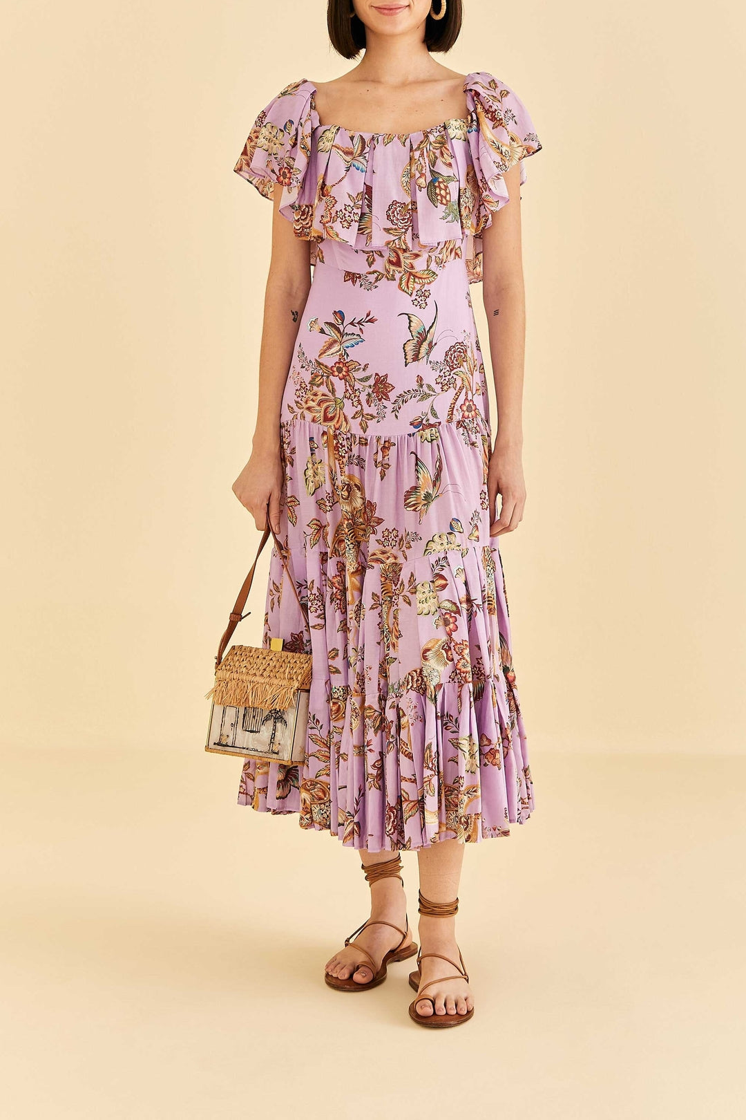 Robe longue Floral Monkey à manches courtes en coton - Violet