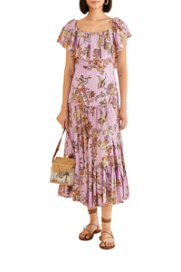 Robe longue Floral Monkey à manches courtes en coton - Violet