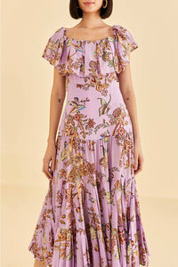 Robe longue Floral Monkey à manches courtes en coton - Violet