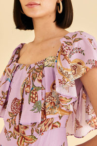 Robe longue Floral Monkey à manches courtes en coton - Violet