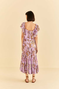 Robe longue Floral Monkey à manches courtes en coton - Violet