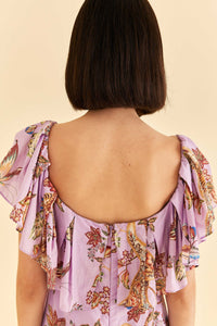Robe longue Floral Monkey à manches courtes en coton - Violet