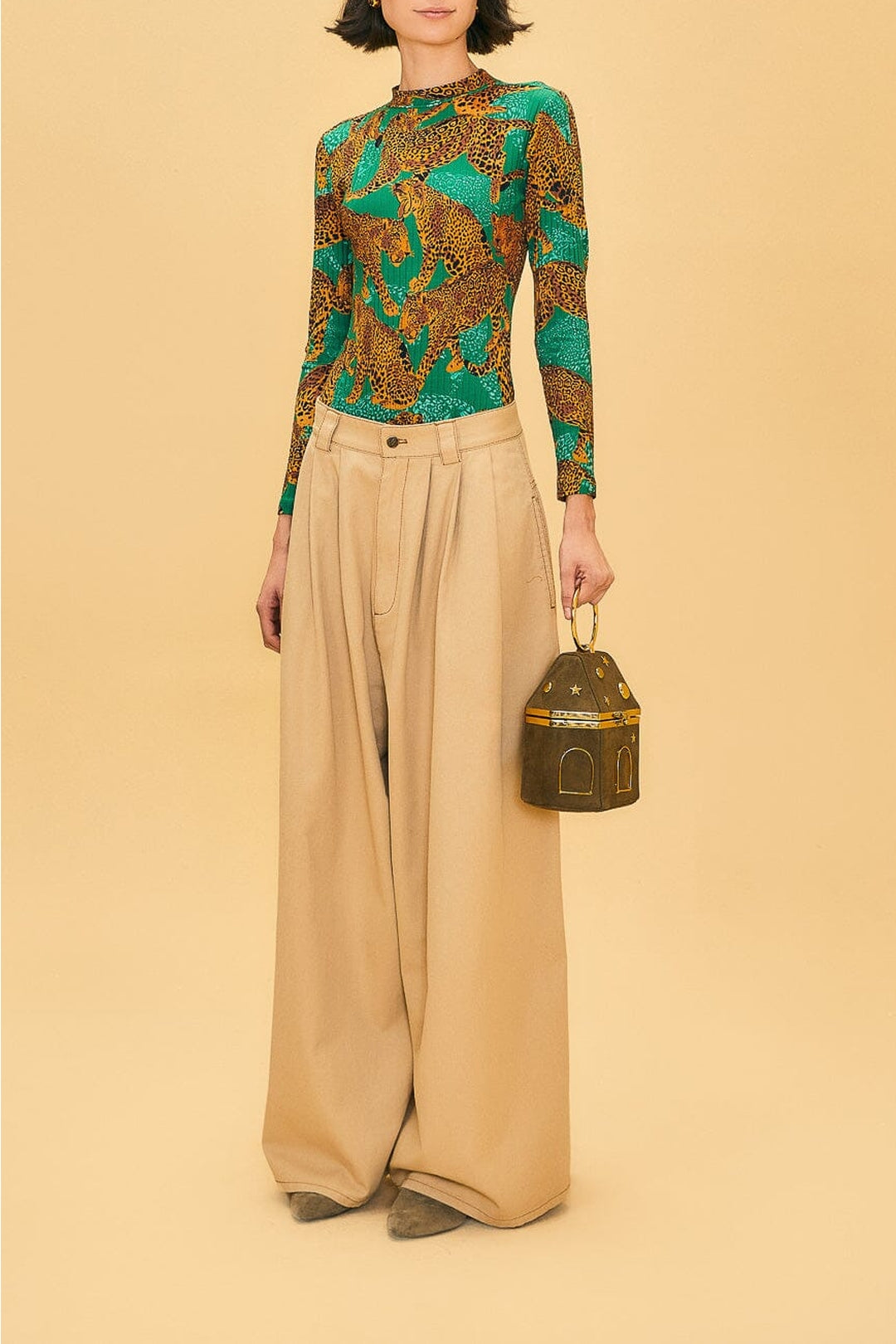 Pantalon taille basse à pinces en coton - Beige