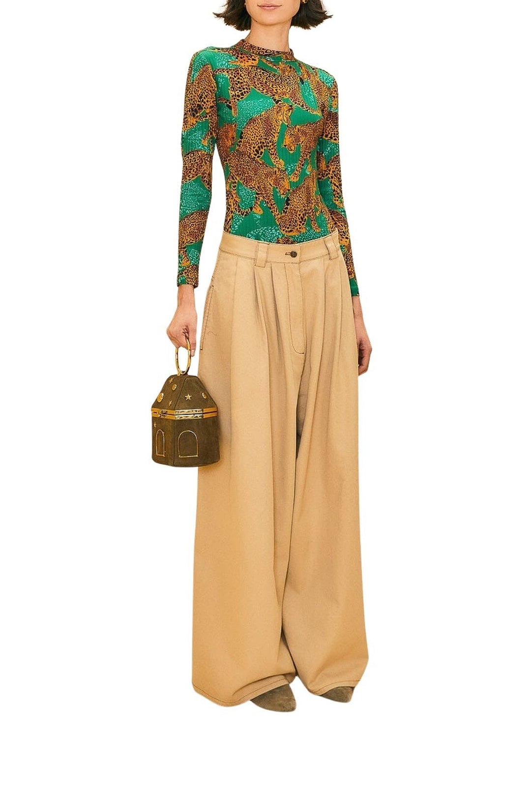 Pantalon taille basse à pinces en coton - Beige