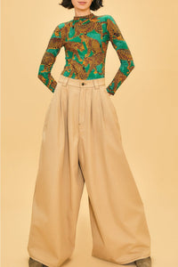 Pantalon taille basse à pinces en coton - Beige