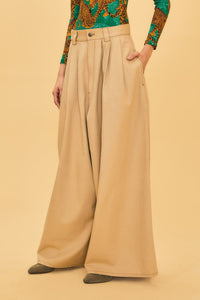 Pantalon taille basse à pinces en coton - Beige