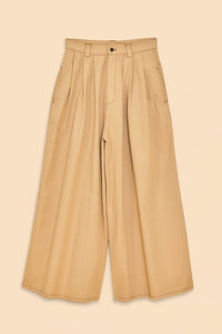 Pantalon taille basse à pinces en coton - Beige