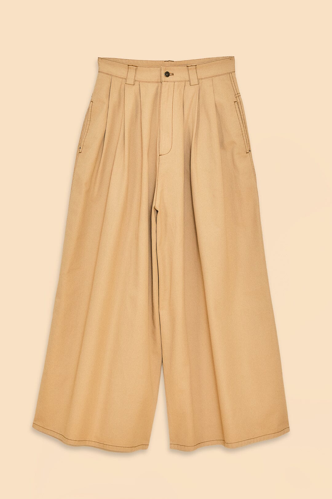 Pantalon taille basse à pinces en coton - Beige
