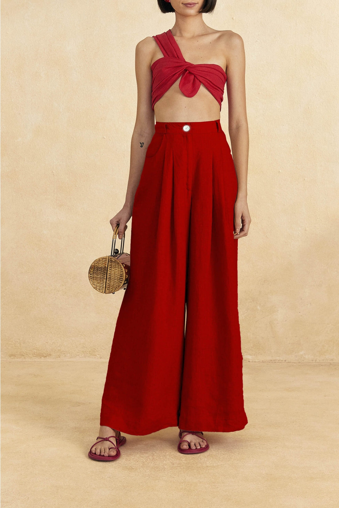 Pantalon taille haute en lin - Rouge
