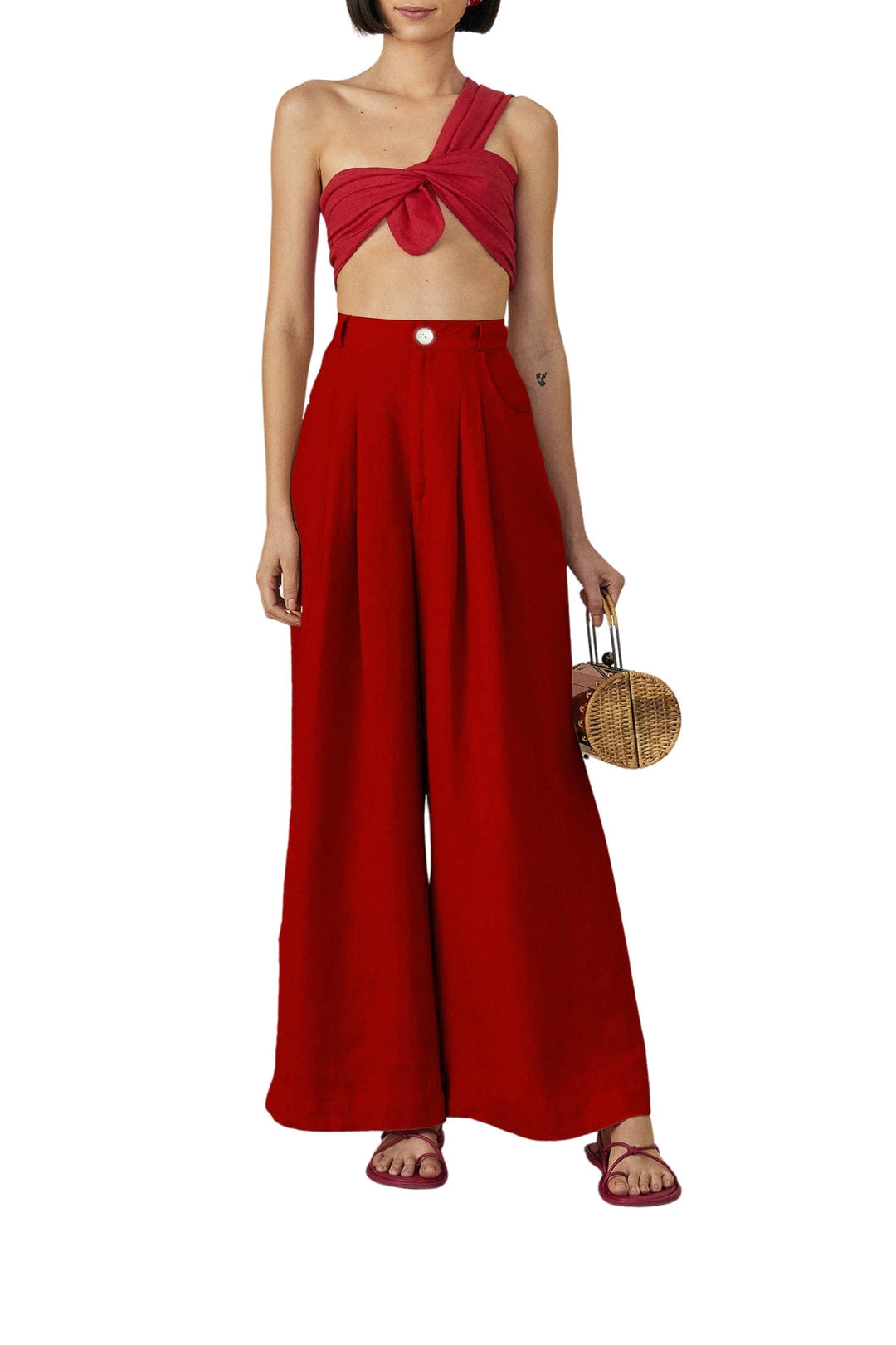 Pantalon taille haute en lin - Rouge