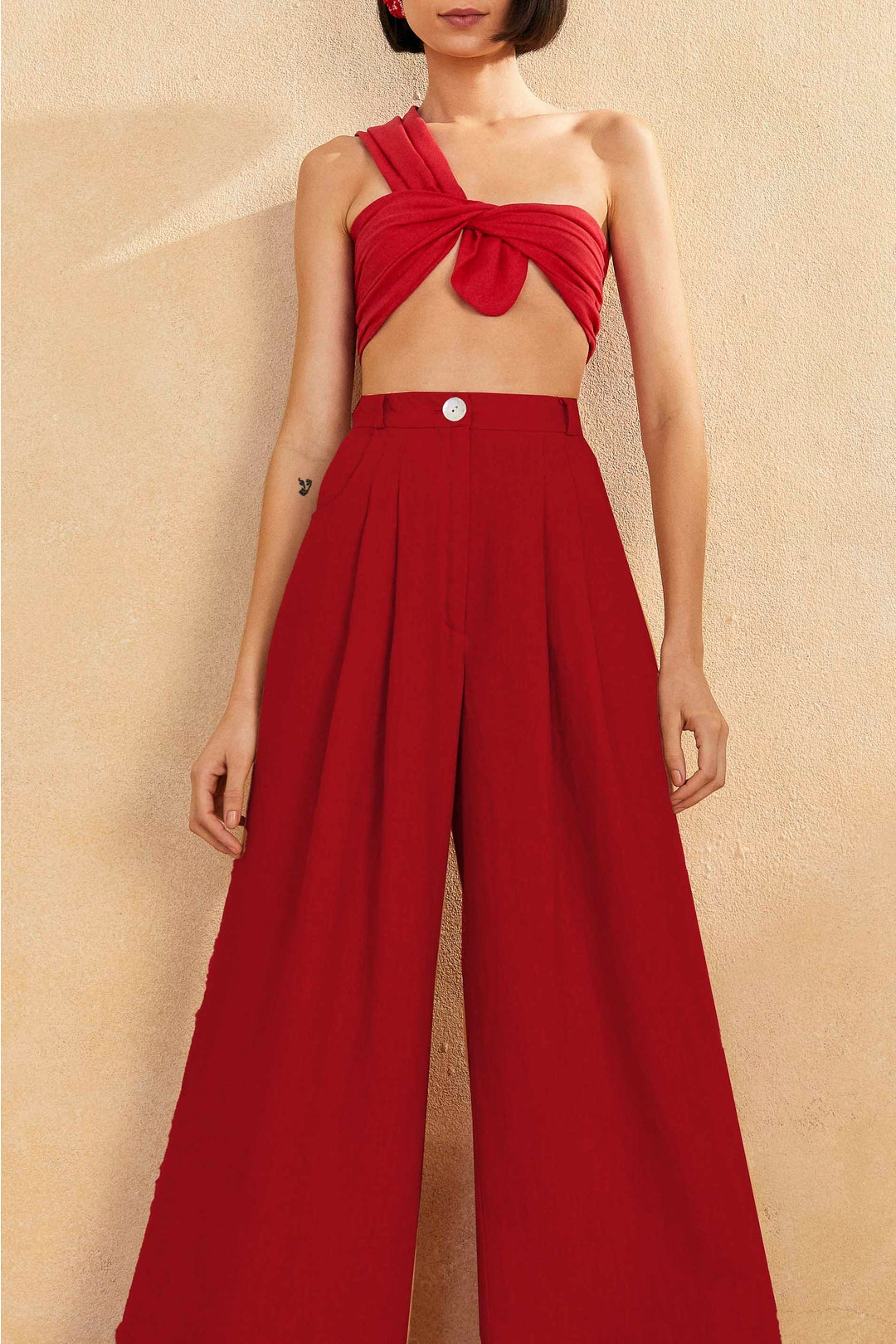 Pantalon taille haute en lin - Rouge