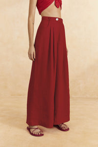 Pantalon taille haute en lin - Rouge