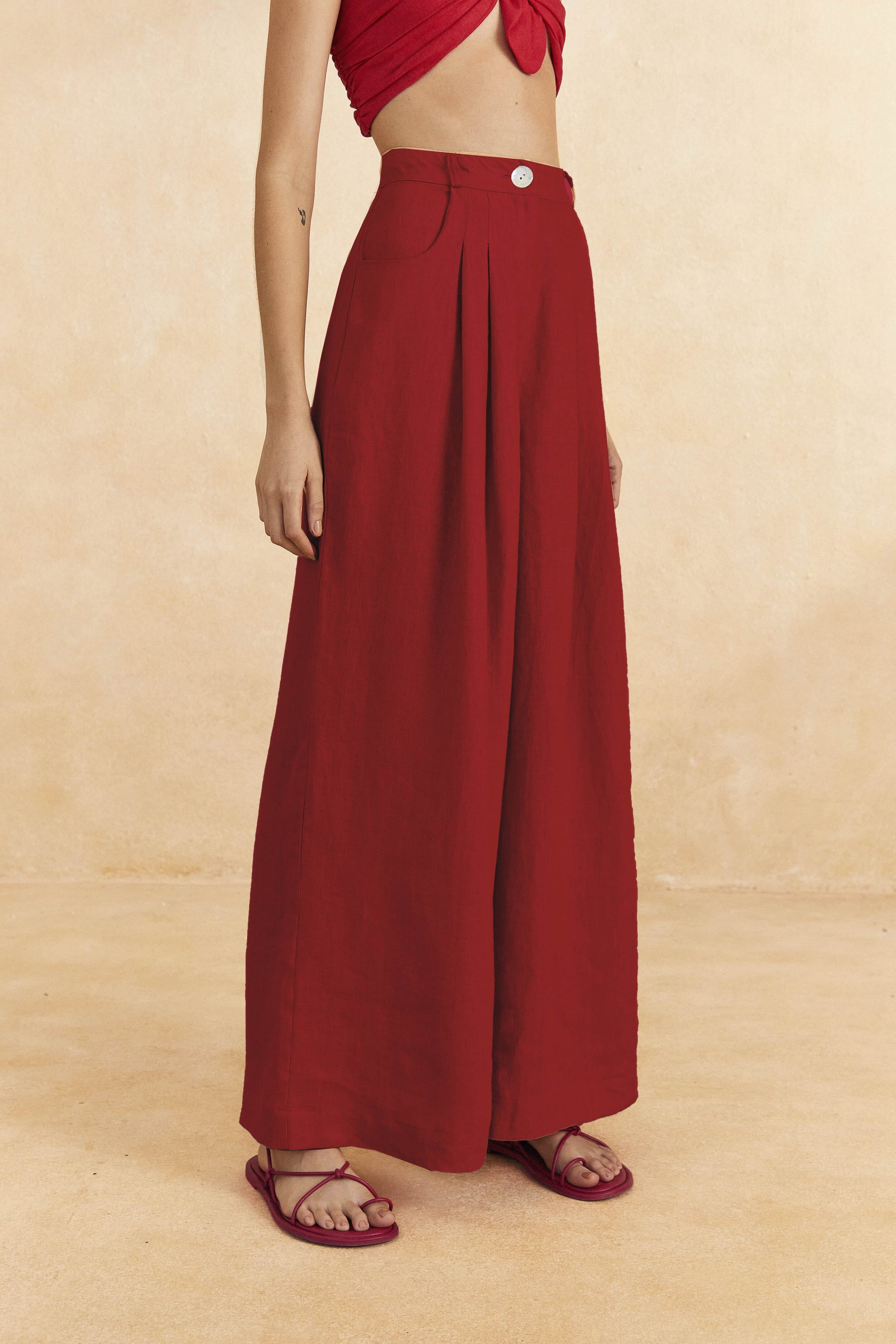 Pantalon taille haute en lin - Rouge