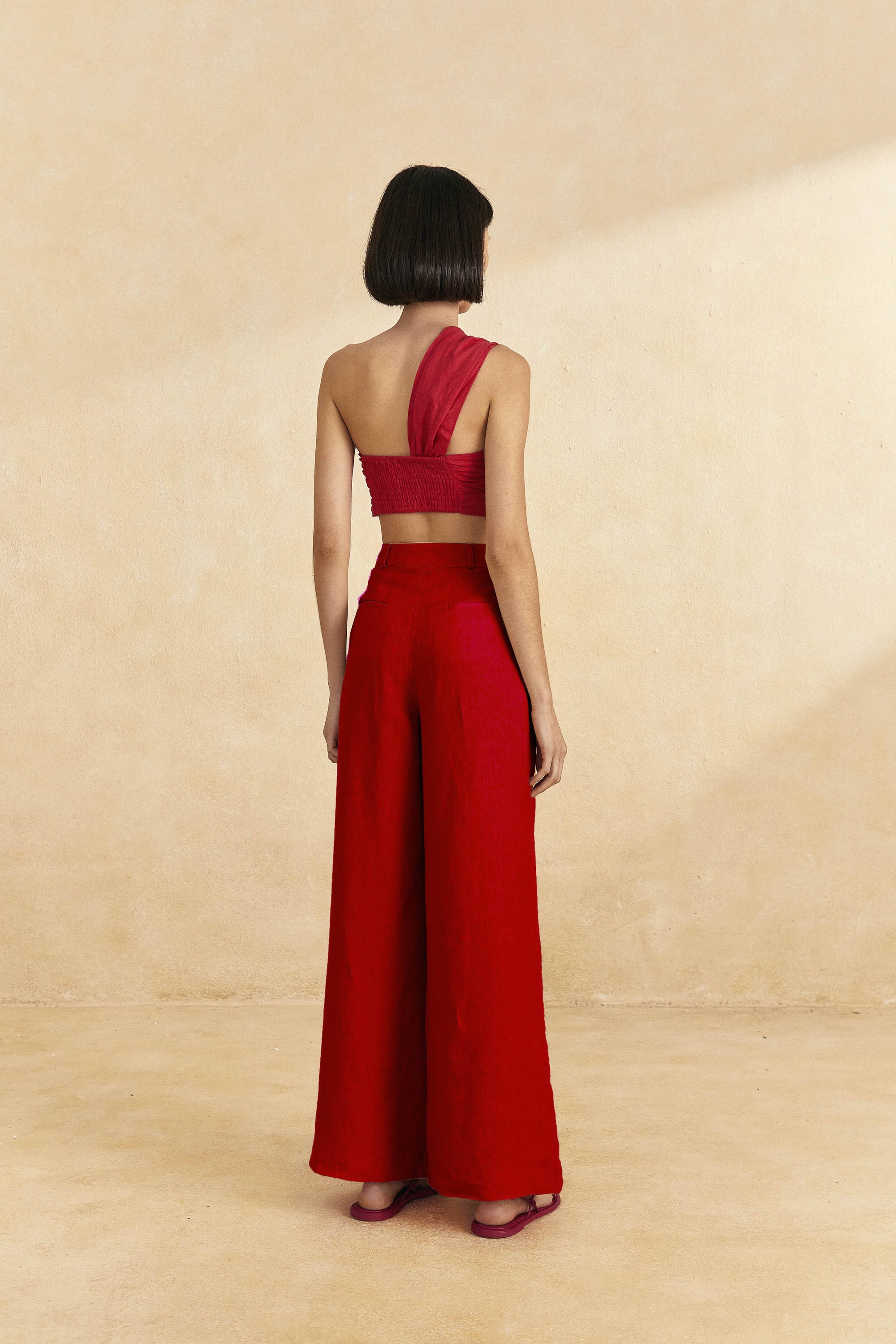 Pantalon taille haute en lin - Rouge