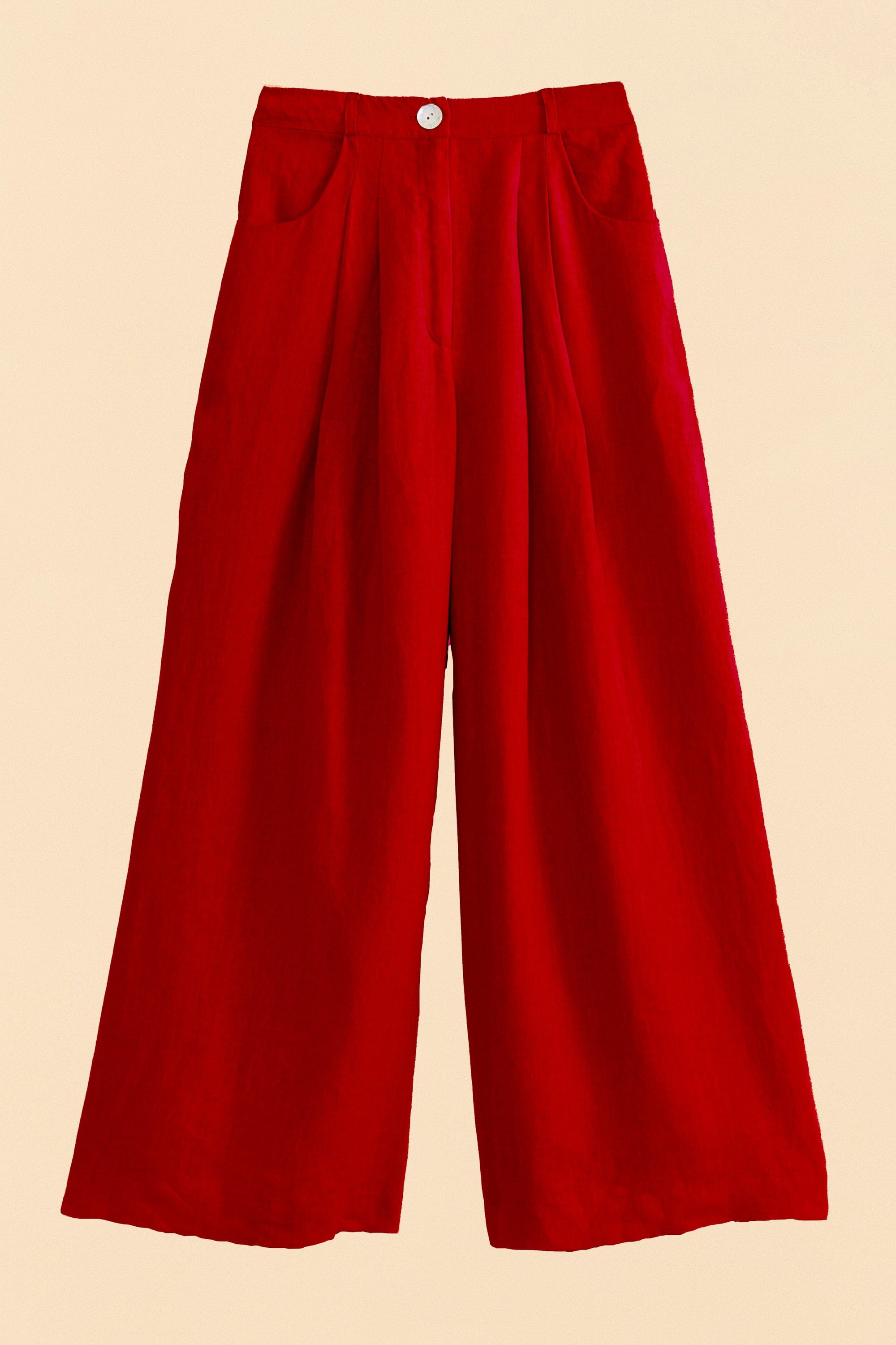 Pantalon taille haute en lin - Rouge