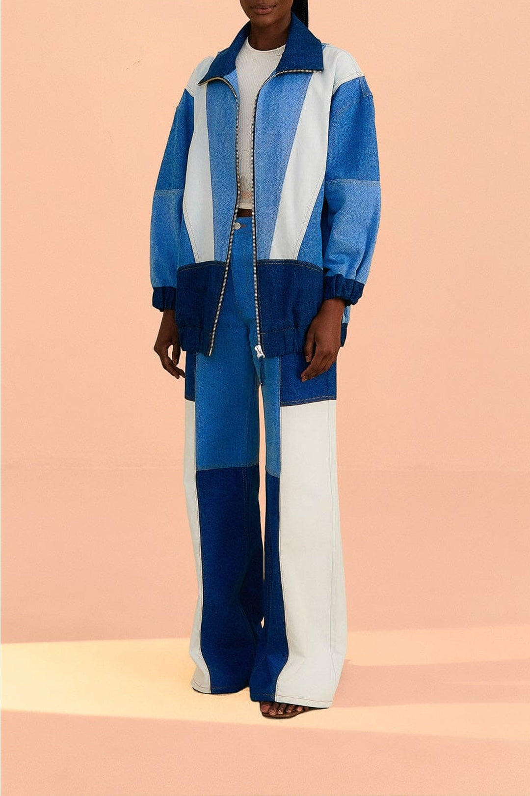 Pantalon large en denim à patch en coton - Bleu
