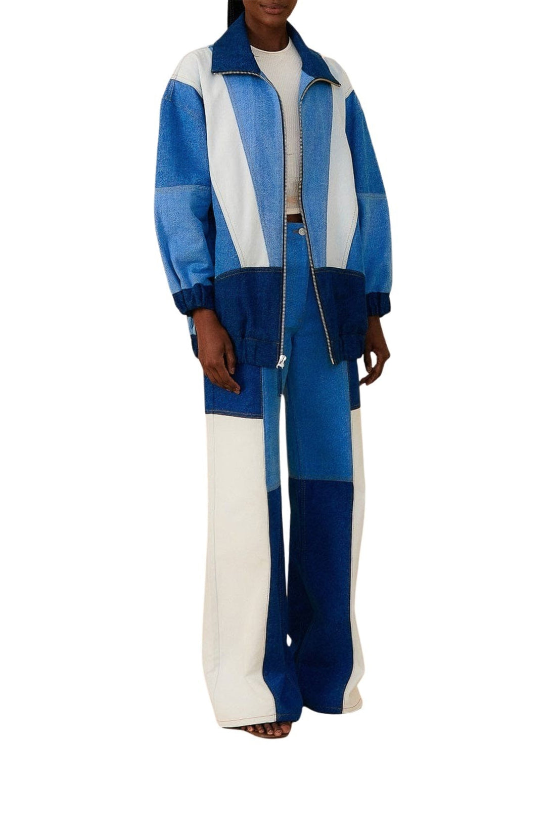 Pantalon large en denim à patch en coton - Bleu