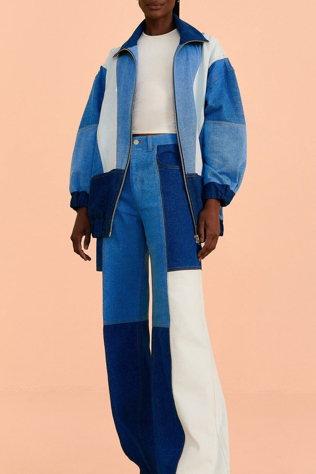 Pantalon large en denim à patch en coton - Bleu