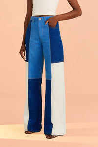 Pantalon large en denim à patch en coton - Bleu
