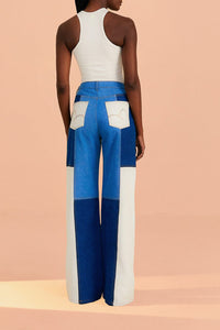 Pantalon large en denim à patch en coton - Bleu